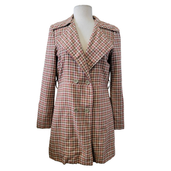 Nicole by Nicole Miller Plaid Checkered Button Front Tie Waist Peakcoat Jacket - Picture 2 of 15